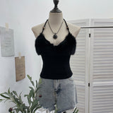 Real Shot Hair Splicing Hanging Neck Sling Vest Sexy Low Chest Bare Back Short Sleeveless Top 2802
