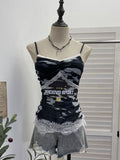 Lace Splicing Camouflage Screen Sling Sling With Chest Cushion Letter Print Sleeveless Top 1618