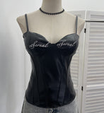 Letter-Print With Chest Pad Pu-Skin Sling Vest Slimming Short Babes Sleeveless Top 1372