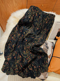 Small Design Folded Skirt Women's Summer High Waist Long Retro Print Thin Green Broken Flower Bag Fork Skirt