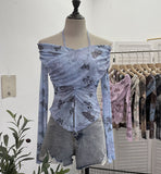 Real Shot Shoulder Strap Hanging Neck Pure Lust Wind Long-Sleeved T-Shirt Repair Cross-Folded Open Fork Short Top 9932