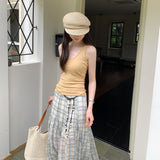 Small-Sized Retro Threaded U-Neck Wide Shoulder Strap Sleeveless Sling Vest Women's New Summer With Chest Pads Short Top
