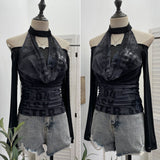 Vintage Hottie Hanging Neck A Word Shoulder Collar Long Sleeve Mesh Yarn T-Shirt 1331