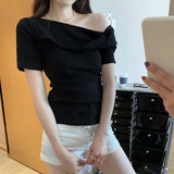 Korean Hottie Twisty Fold Design Tilt Shoulder Short-Sleeved T-Shirt Girl 2025 Summer New Pure Lust-Loan Shoulder Coat