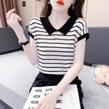 Striped Ice Silk Short-Sleeved T-Shirt Lady Wears New Thin-Explosive High-End Knitted Shirt In Summer 2025