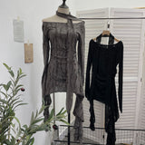 The Dark Waste Soil Wind Makes The Old Hole Hanging Shoulder Hanging With Long Sleeves Irregularly Open Fork T-Shirt Skirt 9295