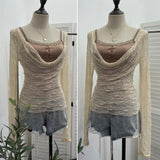 Two Sets Of Collar Hole Sun Hood T-Shirt Long-Sleeved T-Shirt + Short-Sling Sling Sling Vest Woman 23205