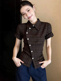 Vintage Curry Plaid Short-Sleeved Shirt Women 2026 Summer Super Fire Age Repairolo Collar T-Shirt Top