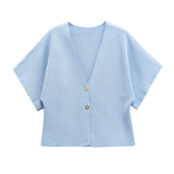New Women's Clothing Temperament Short-Sleeved V-Neck Two-Grained Knitting Top 4192101