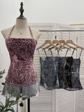 Real Shot Adjustable Shoulder Strap Hanging Neck Leopard Print Mesh Sling Sling With Chest Cushions Bare Back Hottie Top 8192