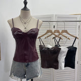 Letter-Print With Chest Pad Pu-Skin Sling Vest Slimming Short Babes Sleeveless Top 1372