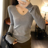 Gray V-Neck Bottom Shirt Women's New Tattoo Sweater Wearing Long-Sleeved Knitting Spring And Autumn Blouse
