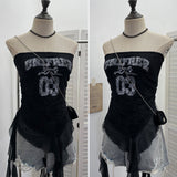 Real Shot With Anti-Slip Letter Print Chest Vest Tsets Lace Splicing Mesh Yarn Irregular Top 1233