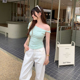 Pure Hot Girl Style Green Slanted Shoulder Repair Short-Sleeved T-Shirt Woman 2025 Summer New Sexy Bare Shoulder Short Top