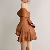 Spice Girls Pure Lust Wind Shoulder Cross Long-Sleeved Dress Women Autumn And Winter New Dress Waist A Word Outside Wearing Short Skirt