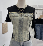 Unique Splicing Denim T-Shirt Girl Summer New Design Sense Short Fake Two-Piece Top Tide 8925