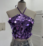 Heavy Industry Bling Bling Glide Hanging Neck Sling Vest One-Style Wrapping Tie With Large Bare Back Blouse 1083