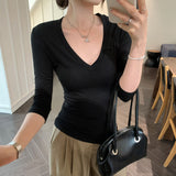 Lyselle Tiansi Unique V-Neck Slim Mid-Sleeved T-Shirt For Women 2025 Summer Thin Light Luxury High-End Feel Beautiful Top