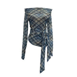 Vintage Lattice Mesh Long-Sleeved T-Shirt Irregularly Drifted Y2k Oblique Shoulder Short Top 8073