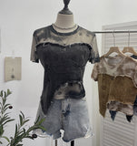 Real Shooting Of The Edge Of The Denim Splicing Tie Dye Mesh Repair Irregular Two Short-Sleeved Top T-Shirt 26171