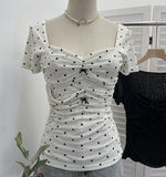 Solid Shot Bow Wave Point Elastic Summer New Short-Sleeved T-Shirt Pinch Folding Body Collar Mesh T-Shirt 28312