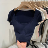 2026 Early Spring Temperament Explosion With Breast Pad Hottie Collar Shoulder Short-Sleeved T-Shirt New Summer