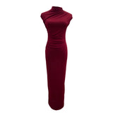 Ceclent Unique Dress With Thin Folds And Hips High-Collar After The Opening Of The Fork Dress 8858