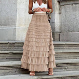 New French Long Dress Female Autumn Temperament Elegant Solid High-Waisted Mesh Cake Skirt Unkempt Skirt