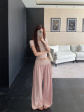 Pink Sweet High-End Casual Suit Women's Summer Shoulder Short-Sleeved T-Shirt High-Waisted Broad Leg Pants Two-Set