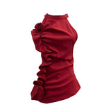 Spicy Design Sleeveless Leaves Three-Dimensional Flower Blouse Atmosphere Slimming Waist 1166