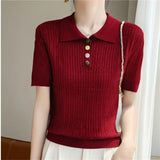 Loose Large Plate-Type Twist Rope Poolo Collar Knitted Shirt T-Shirts For Girls In Summer Thin Thin Short Cash