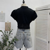Real Shooting Short-Scuffed Lace Fish Bone Shirt For Girls Summer Babes Short-Sleeved Collared V-Neck Blouse 23715