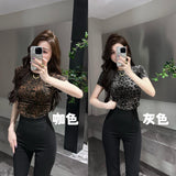 Spice Girl Leopard-Print Short-Sleeved T-Shirt For Summer New Design-Sense Slimming Retro Small Short Top