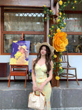 French Yellow Floral Sling Dress Woman Summer Seaside Vacation Beauty Pure Fishtail Ass And Hip Dress