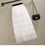 Net Yarn Skirt Mid-Length Women 2025 New Autumn And Winter Super Fairy Layer Cake Skirt White Long Skirt Over The Knee Dress