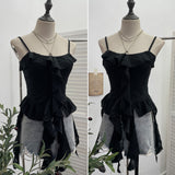 Dark Wasteland To Make Old Hole Slings Vest Irregular Lotus Side Ribbon Short Sleeveless Top 9238