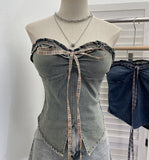 Real Shooting Denim Bra Vest Bump Color With Bow Wood Ear With Chest Cushion Short Sleeveless Top 2866