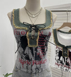 Real Shooting Hottie Hairy Denim Spliced Printed Vest With Bows Short Sleeveless Top 8926