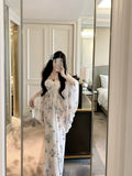 Pure Lusty Sexy Royal Sister Print Waist-And-Ear Neck Sleeveless Dress Temperament Thin Dress With Shawl Summer