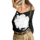 The Spice Girls Short-Word Shoulder Bow Tie With Slimny Long-Sleeved T-Shirt Design Sense Niche Blouse
