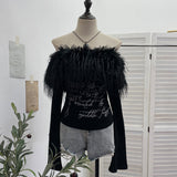 Real Shot Hair Collar Print Shoulder Horn Long-Sleeved T-Shirt Repair Short Picties Shoulder Grinding Top 1368