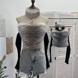 Real-Patrowing High-Necked Sexy Leopard-Print Hair Spliced Hanging Neck Long-Sleeved T-Shirt Repair Short Top 28111