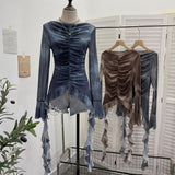 Real Shooting Hot Girl Horn Sleeve Net Yarn Bottom Shirt Girl Body Waste Wind Irregular Ribbon Long-Sleeved Top 2708