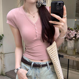 2026 Early Spring Hottie Small Man Repair Short V Collar Half-Buckle Short-Sleeved T-Shirt New Body Straight Shoulder
