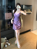 Sexy Fake Two Splicing Lace Sling Vest Women Summer Babes Set Purple Leopard Half-Dress Two Sets