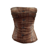 Real Shooting Denimed Tie-Dye Printing Mesh Yarn Tectar Tset With Chest Cushion Anti-Slip Vest Short Top 1255