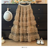 New Heavy Industry Lace Cake Skirt Long Dress Sweet Wind High Waist Wood Ear Mesh Skirt 8103