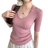 Mint Green Knitted Top Women's Summer 2025 New Thin U-Neck Fashion Fashion Slim Slim Slim Short-Sleeved T-Shirt