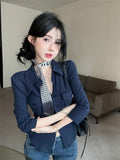 Pure Lusty Temperament Polo Collar Long-Sleeved Shirt Women Summer Short Repair Slim Design Picts Tat
