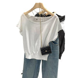 Slanted Shoulder Shoulder Waist White Short-Sleeved T-Shirt Women Summer 2026 New Pure Desire Design Short Top